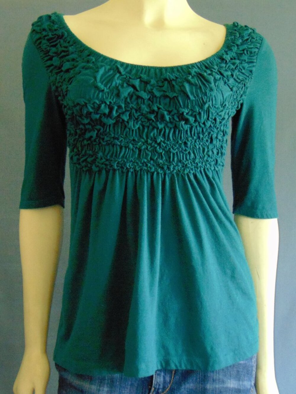 Deletta Anthropologie Dark Teal Gathered Bust Cotton Blend Knit Top Sm